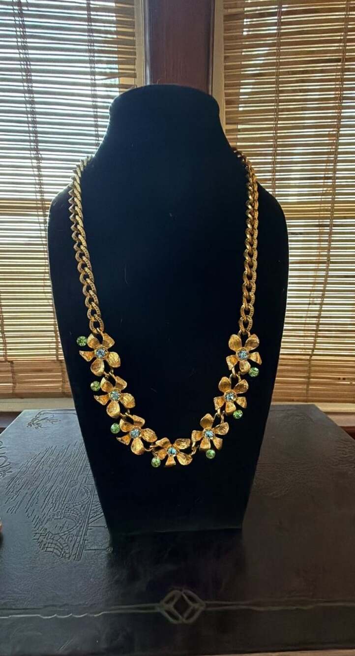 Yesterday's Treasures Gold Tone Flower Necklace Blue Green Crystals